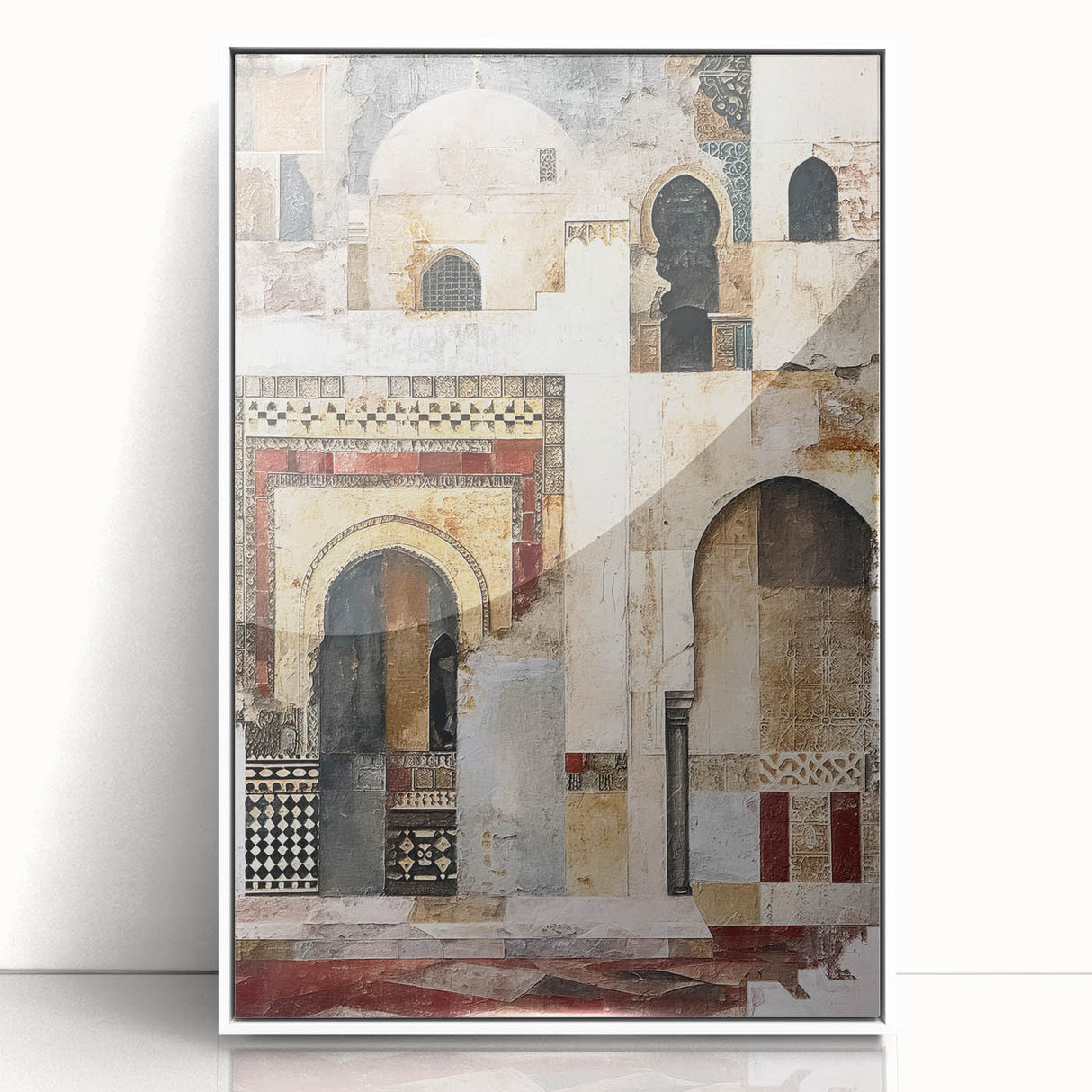Framed abstract architecture wall art in white acrylic, showcasing geometric shapes and lines, perfect for modern home decor. Ideal for minimalist and contemporary styles, adding elegance to any room.