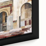 Close-up of framed abstract architecture wall art in vibrant colors with geometric patterns, showcasing modern design elements for stylish home decor.