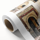 Abstract architectural wall art on rolled canvas displaying vibrant geometric shapes in shades of blue, orange, and yellow, ideal for modern home decor.