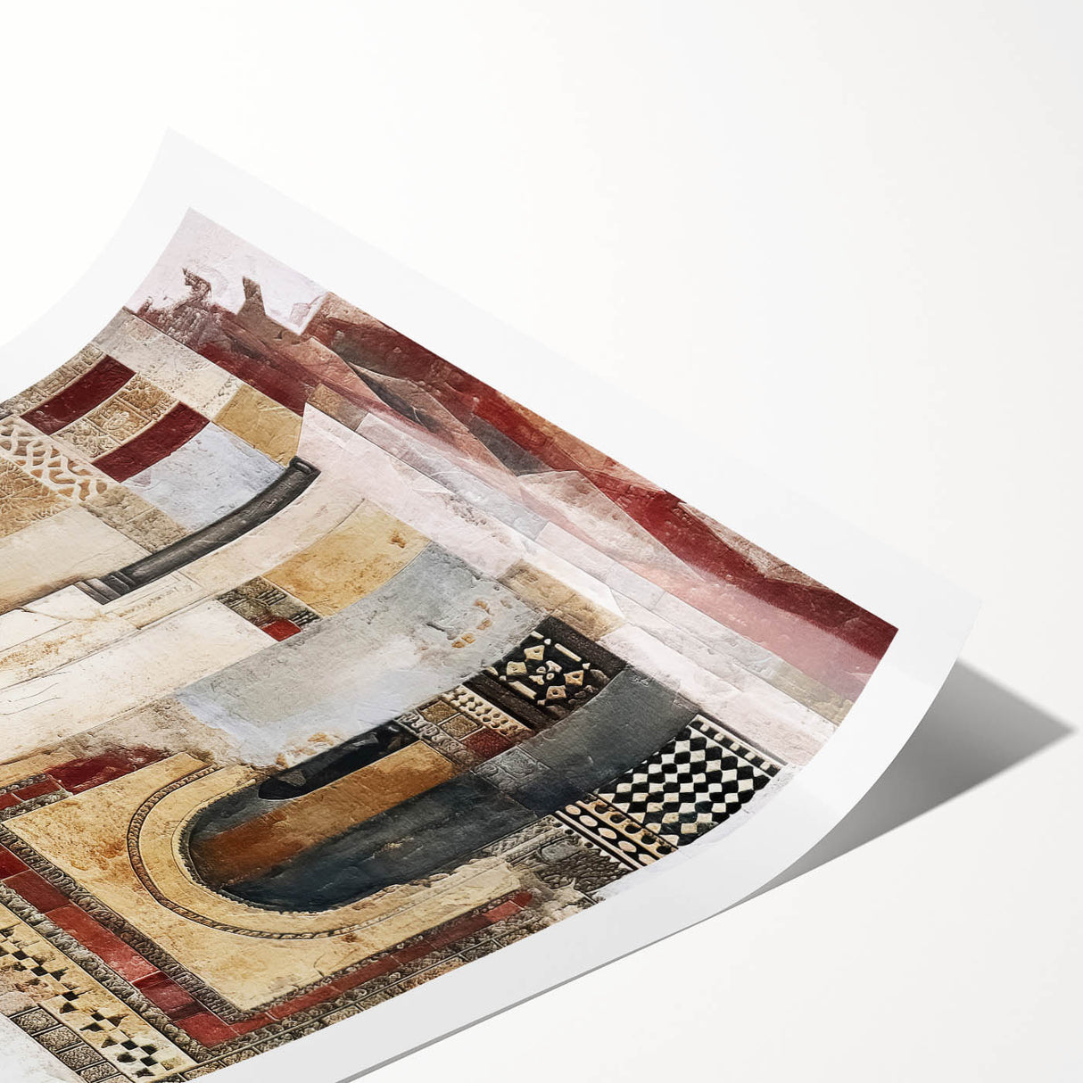 Abstract architectural wall art print showcasing vibrant geometric shapes and bold colors, rolled and ready for display, emphasizing modern design aesthetics.