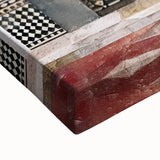 Close-up of a vibrant abstract architecture wall art canvas, showcasing intricate geometric patterns in bold colors, perfect for modern home decor. The textured surface adds depth, enhancing visual appeal.