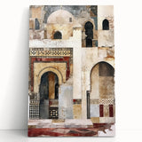 Abstract architecture wall art on stretched canvas, featuring geometric shapes in muted tones of blue and gray, leaning against a modern white wall. Perfect for contemporary decor.