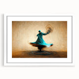 Abstract figurative wall art framed with a white mat, showcasing vibrant colors and dynamic shapes, perfect for modern home decor or artistic spaces.