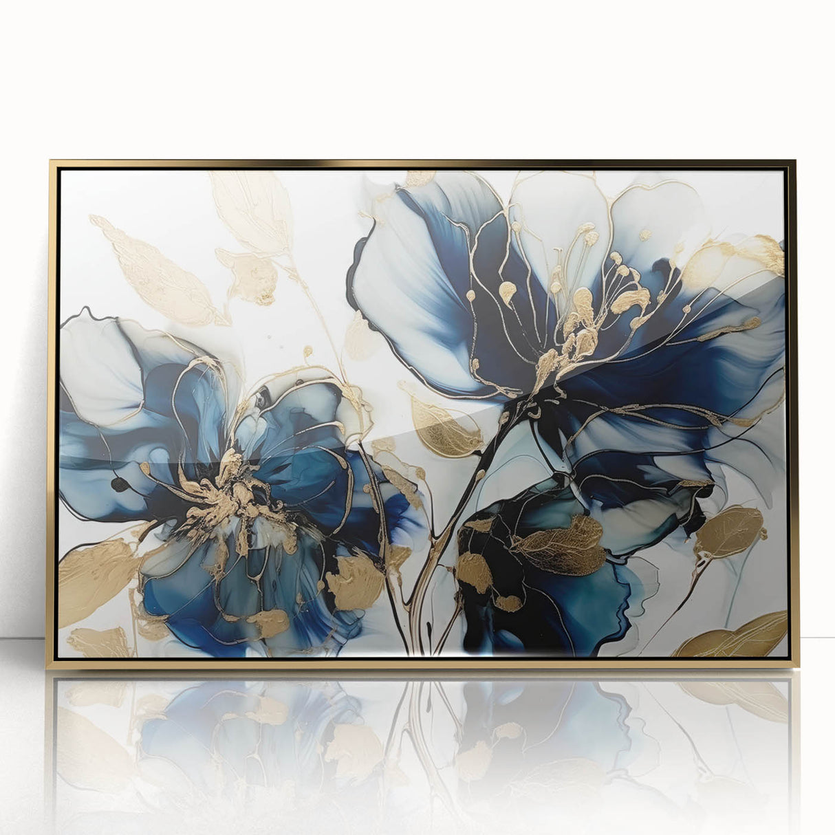Framed acrylic wall art featuring vibrant abstract florals in gold and pastel colors, adding a modern touch to home decor with its elegant design.