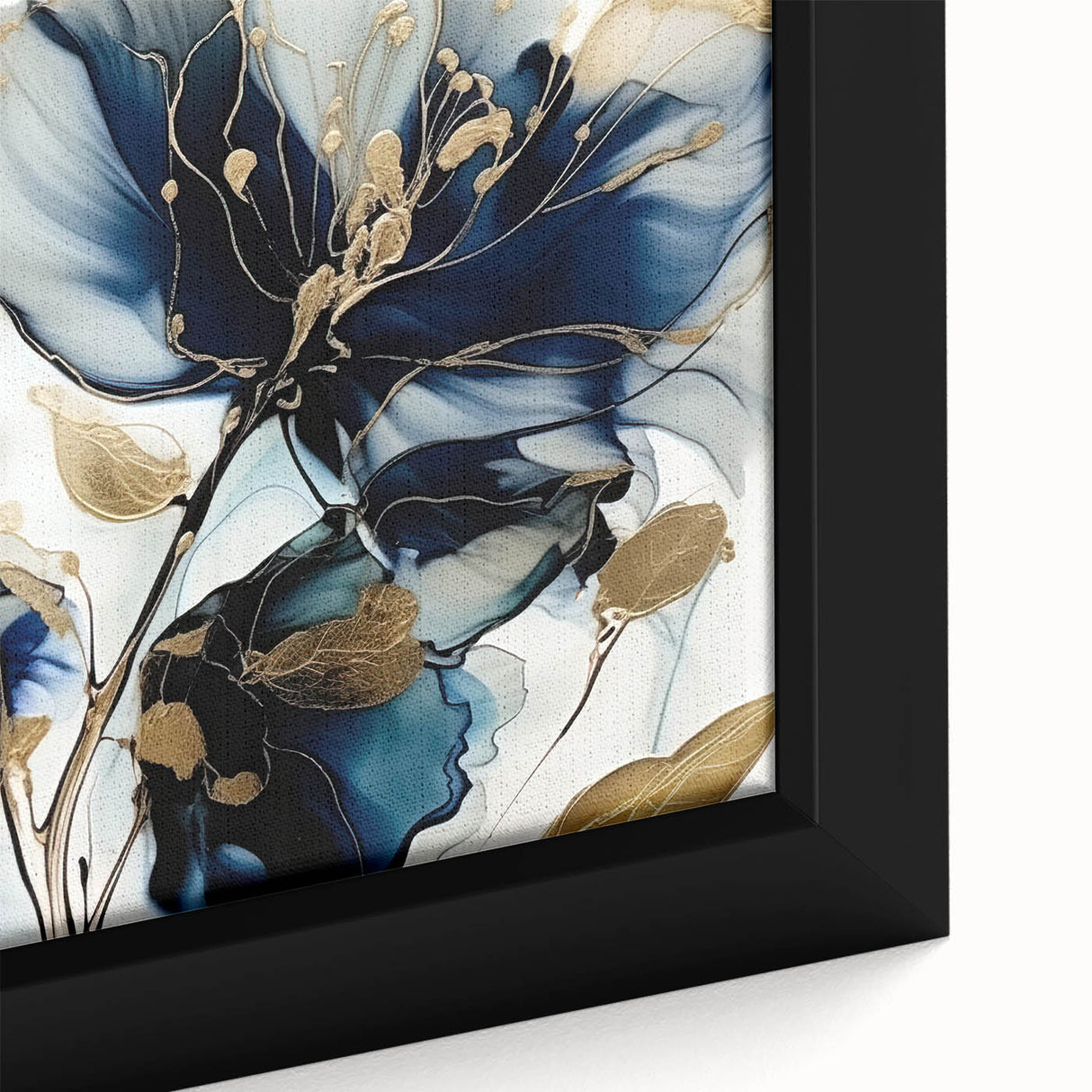 Close-up of a framed canvas showcasing vibrant abstract floral wall art, featuring intricate details in bold colors like pink, blue, and green, perfect for modern decor.