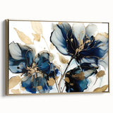 Framed abstract floral wall art featuring vibrant gold accents and a modern design, showcasing a side view that highlights its elegant presentation for home decor.