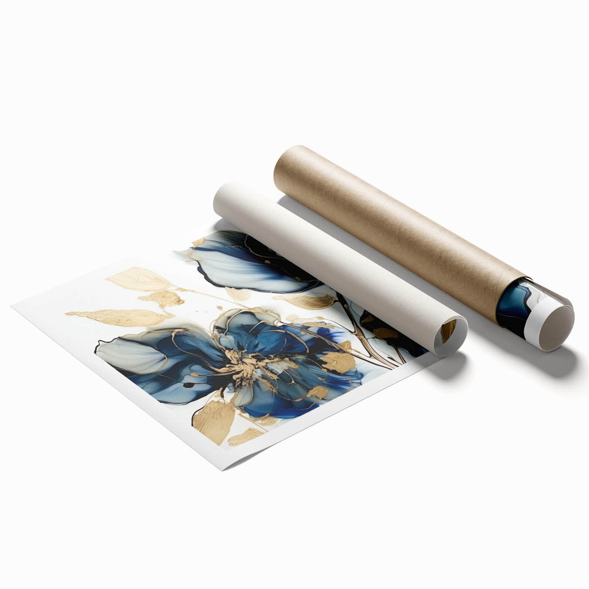 Abstract floral wall art print showcasing vibrant colors and intricate designs, perfect for modern home decor. The rolled artwork is elegantly packaged, ready for display.