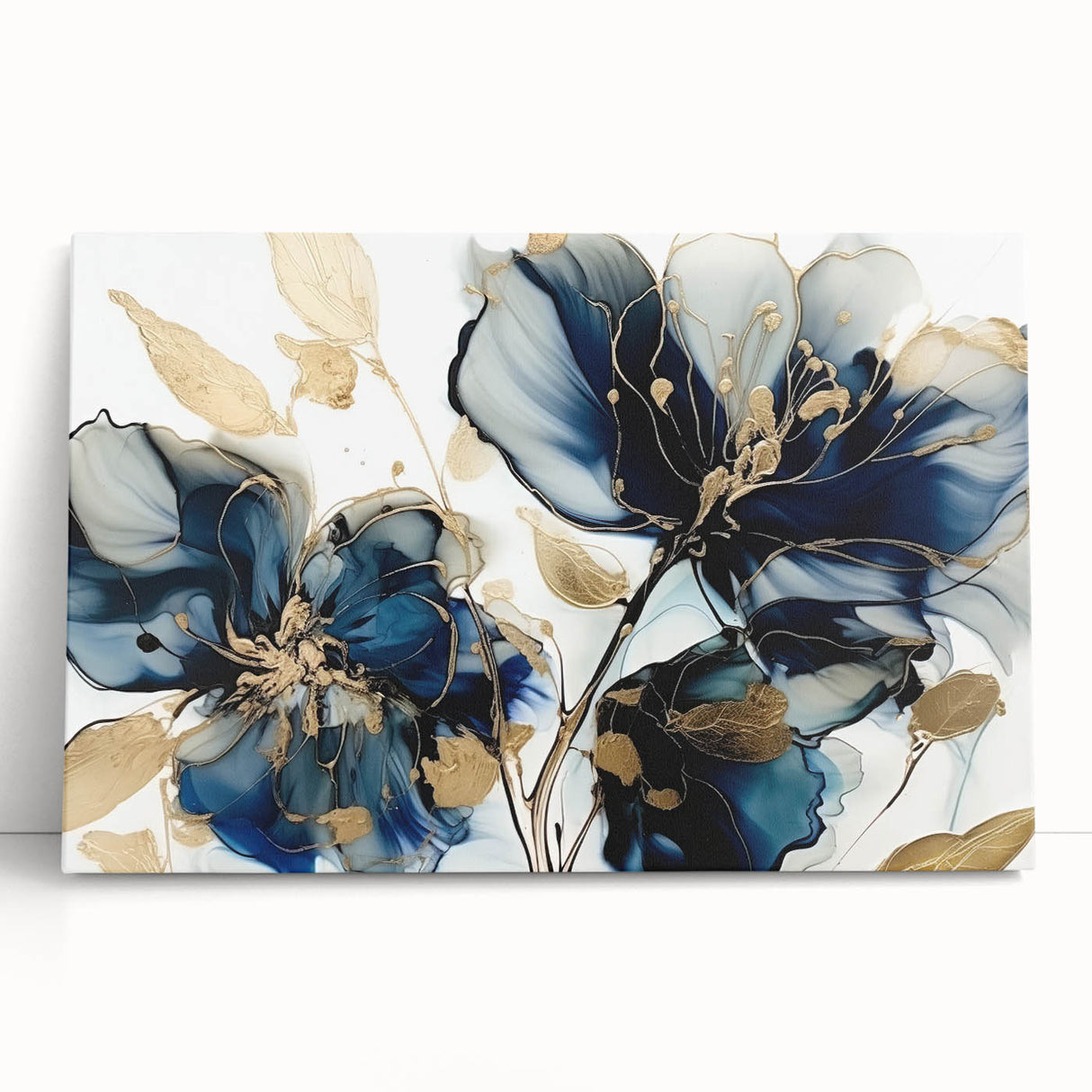 Stretched canvas wall art featuring vibrant abstract floral designs in bold colors, elegantly leaning against a neutral wall, perfect for modern decor.