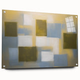Abstract geometric acrylic glass artwork showcasing vibrant colors and intricate patterns, displayed from a side view with visible mounting pins. Ideal for modern decor.