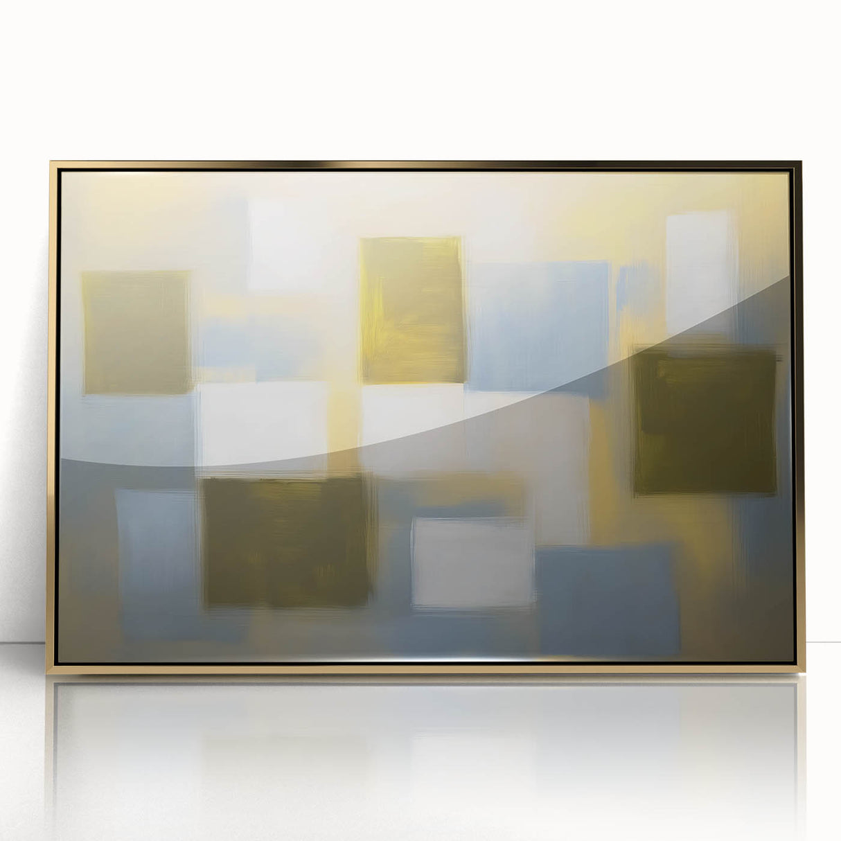 Abstract geometric framed acrylic artwork in gold tones, showcasing intricate shapes and patterns that add a modern touch to any decor. Perfect for home or office aesthetics.