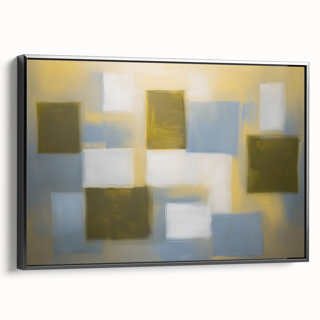 Abstract geometric framed canvas art in black, showcasing intricate patterns and sharp angles, ideal for modern decor, displayed from a side view. Perfect for adding a contemporary touch to living spaces.