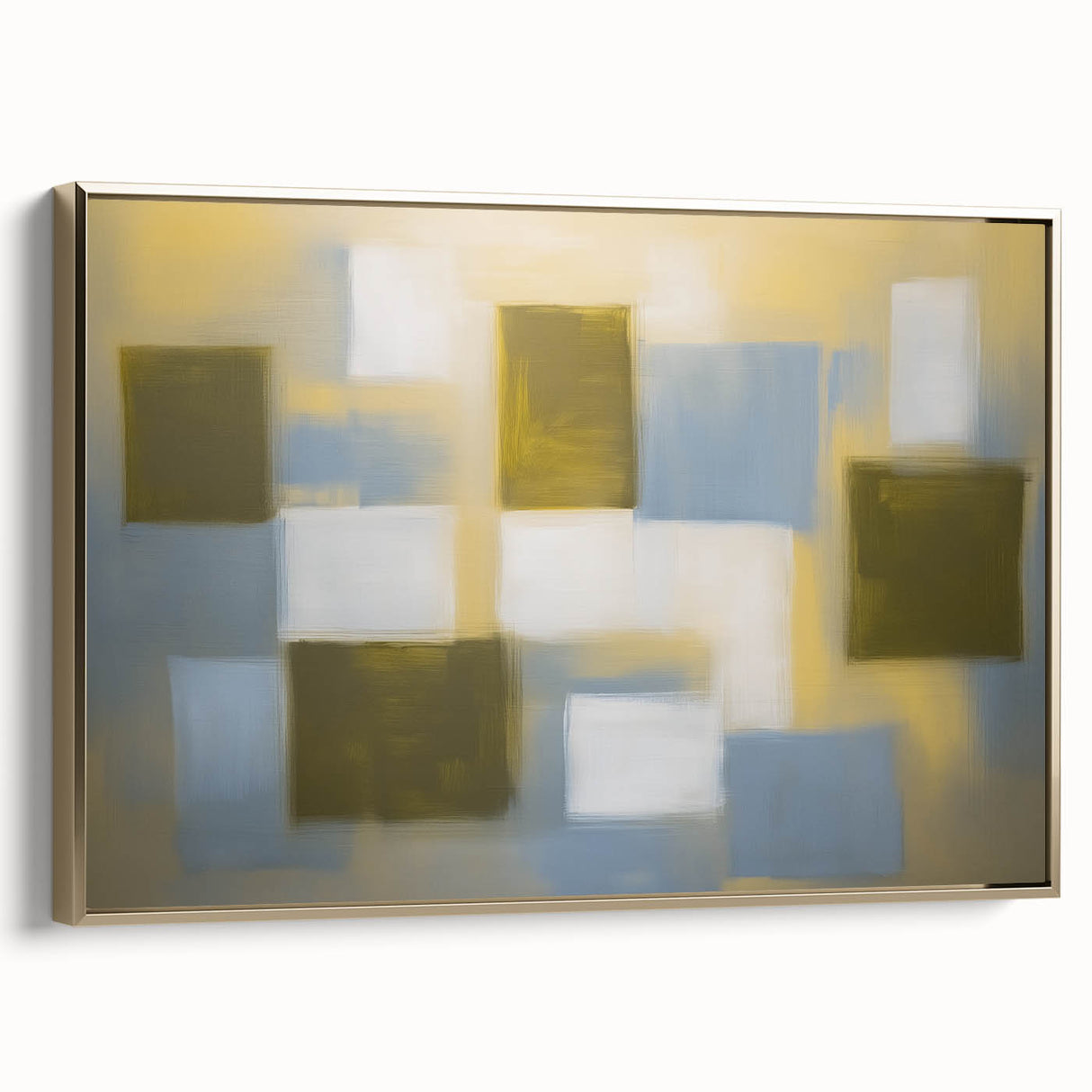 Framed canvas artwork showcasing an abstract geometric design in gold hues, ideal for modern home decor, with a sleek side view emphasizing its elegant frame.
