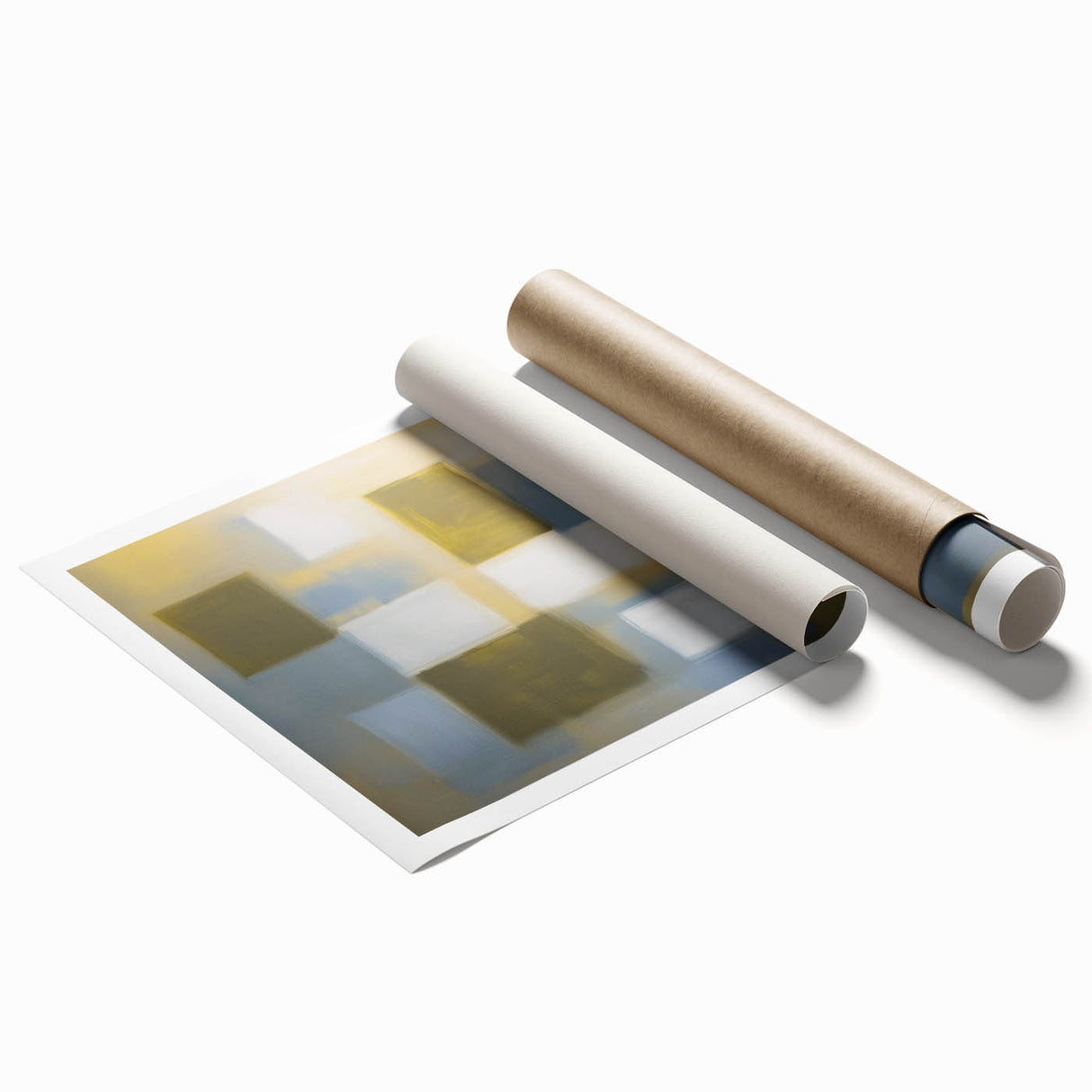 Abstract geometric rolled print showcasing vibrant colors and intricate shapes, elegantly packaged in a protective tube, ideal for modern home decor.