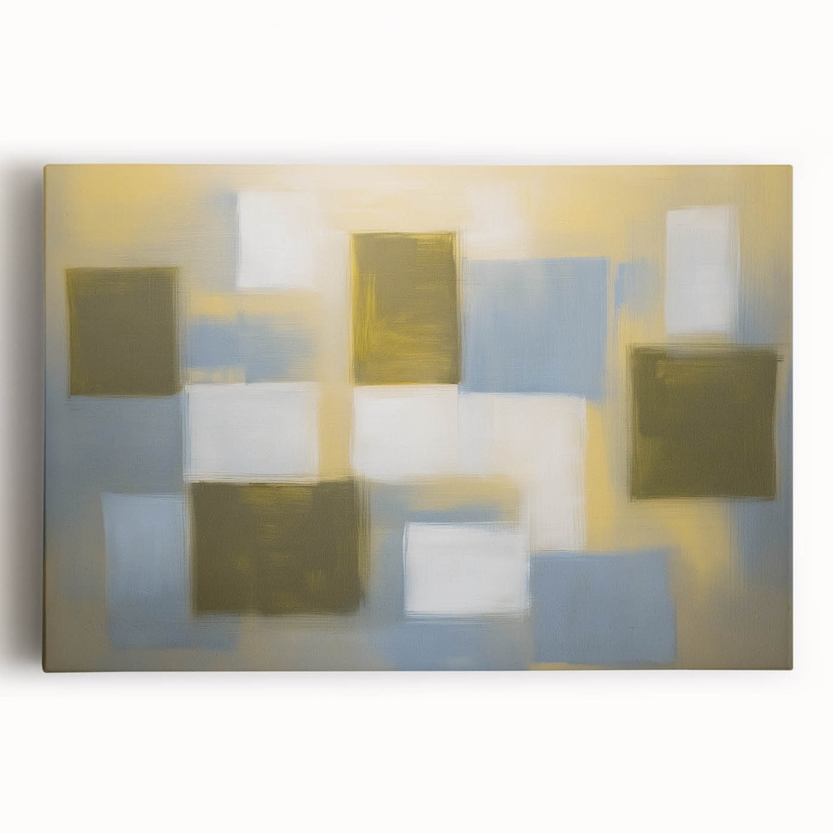 Abstract geometric stretched canvas art featuring vibrant blue, orange, and yellow shapes, ideal for modern home decor, enhancing any room's aesthetic appeal.
