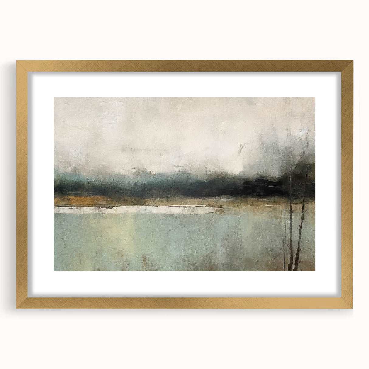 Abstract landscape wall art framed in gold with a mat, showcasing vibrant colors and fluid shapes, perfect for modern home decor. Ideal for enhancing living spaces.