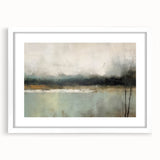 Abstract landscape wall art framed in white with a mat, showcasing vibrant colors and dynamic shapes, perfect for modern home decor. Ideal for adding a contemporary touch to any living space.