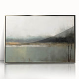 Framed abstract landscape wall art featuring a silver-acrylic finish, showcasing vibrant hues of blue, green, and gold, ideal for modern home decor.