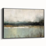 Framed abstract landscape wall art featuring a blend of earthy tones and dynamic shapes, showcased in a sleek black frame, perfect for modern home decor.