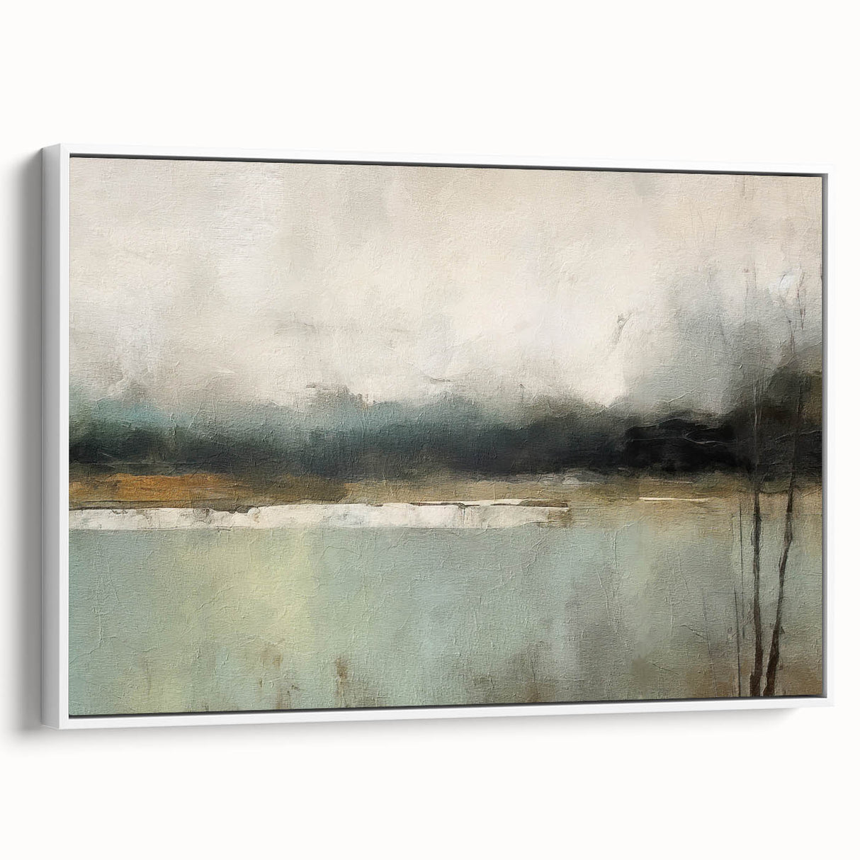 Framed abstract landscape wall art in a white frame, showcasing soft, muted colors and organic shapes, ideal for modern home decor and stylish interiors.