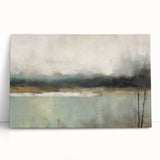 Abstract landscape wall art on stretched canvas, featuring vibrant colors and fluid shapes, elegantly leaning against a wall for a modern decorative touch. Perfect for enhancing contemporary home decor.