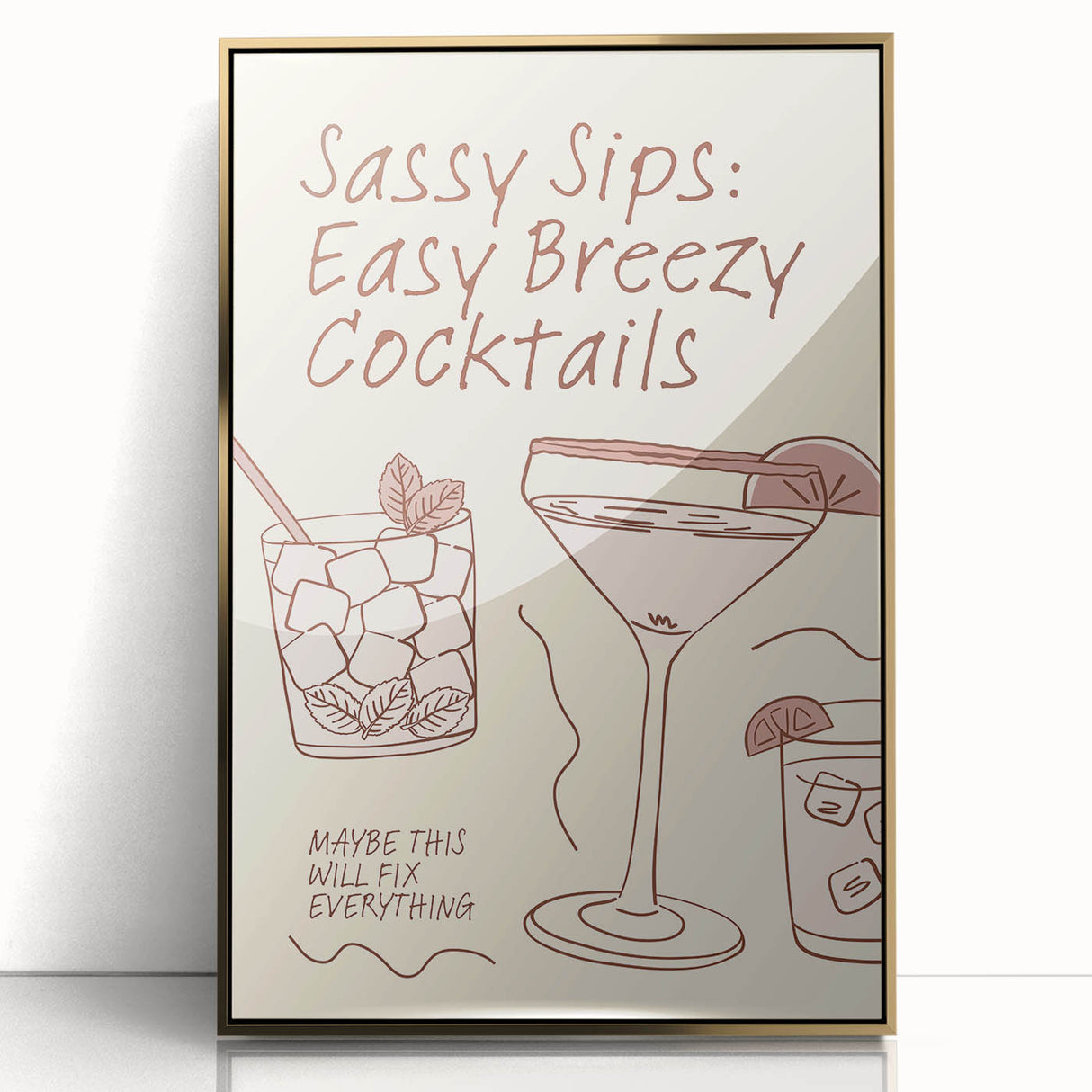 Large art print of stylized food and drinks in gold tones on framed acrylic, mid-century modernist style.