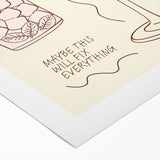 Art deco poster featuring stylized food and drinks illustration on a rolled canvas, in muted earth tones.