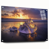 Acrylic glass artwork depicting a serene beach landscape, showcasing vibrant colors and intricate details, displayed in a side view with decorative pins. Perfect for coastal-themed decor.