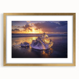 Landscape artwork of serene beaches framed with a gold mat, showcasing vibrant colors and calming ocean waves, perfect for home decor and beach-themed interiors.