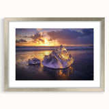 Framed landscape artwork depicting serene beaches with a silver mat, showcasing vibrant colors and tranquil scenery, perfect for home decor and relaxation.