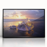 Framed acrylic artwork showcasing a serene beach landscape with vibrant colors, set in a sleek black frame, perfect for enhancing modern home decor.