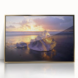 Framed acrylic artwork showcasing a vibrant beach landscape with golden hues, perfect for home decor or office settings. Ideal for coastal or tropical themes.