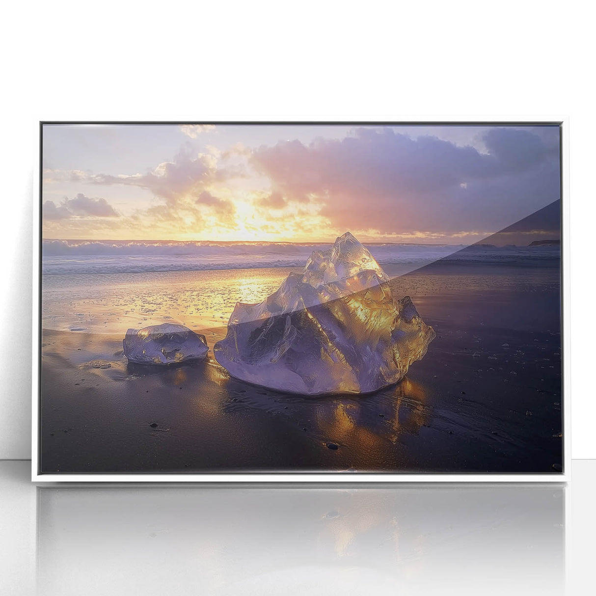 Framed acrylic artwork depicting a serene beach landscape with soft waves and a clear sky, set in a sleek white frame, perfect for coastal home decor.