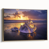 Framed canvas artwork showcasing a serene beach landscape with golden hues, elegantly displayed in a stylish frame, perfect for home decor and coastal aesthetics.