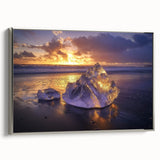 Framed canvas artwork depicting a serene beach landscape with vibrant colors and a silver frame, ideal for enhancing home decor or office spaces.