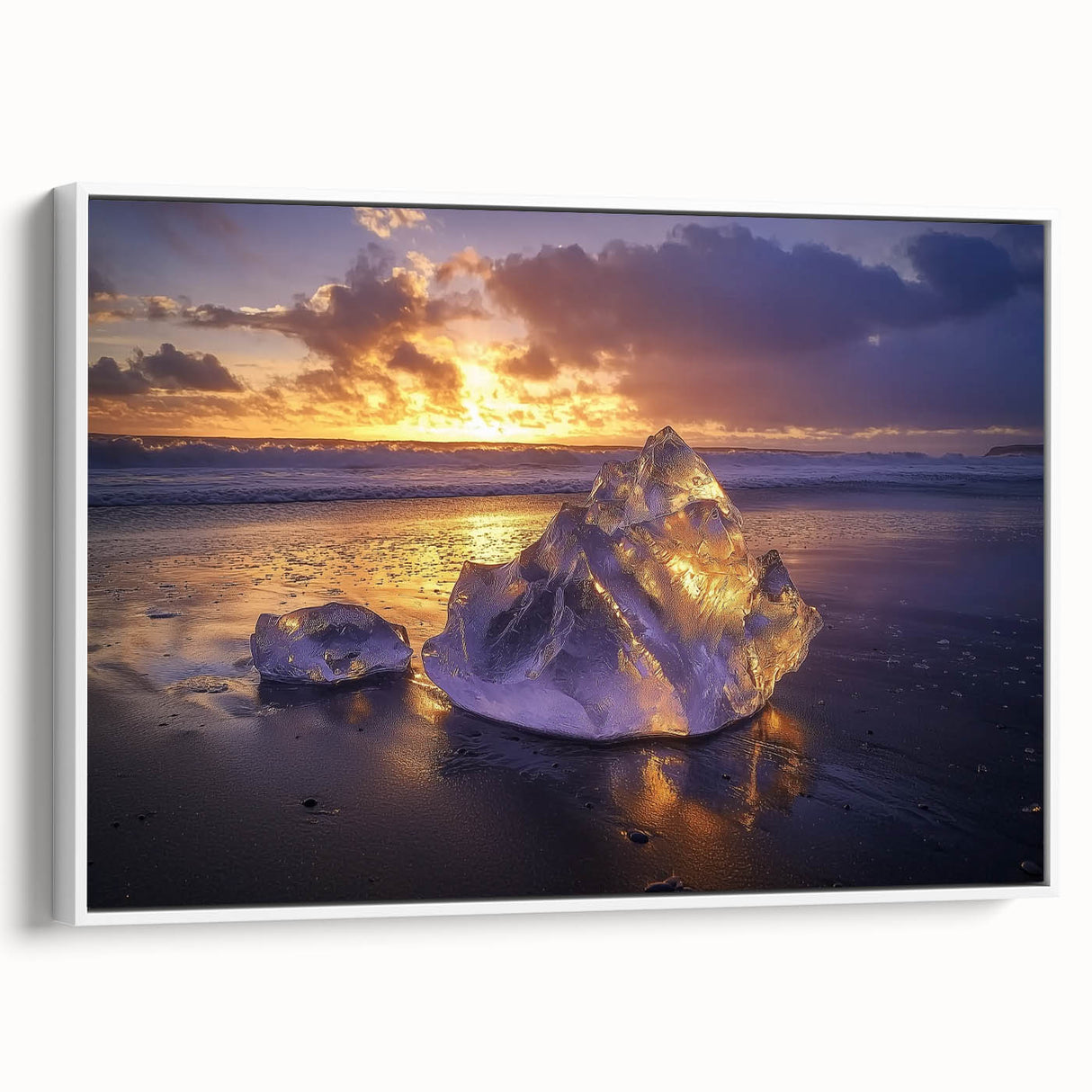 Framed canvas artwork depicting a serene beach landscape, showcasing soft pastel colors and gentle waves, with a sleek white frame enhancing its elegance. Ideal for coastal-themed decor.