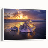 Framed canvas artwork depicting a serene beach landscape, showcasing soft pastel colors and gentle waves, with a sleek white frame enhancing its elegance. Ideal for coastal-themed decor.