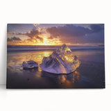 Stretched canvas artwork depicting a serene beach landscape with gentle waves and soft golden sands, capturing a tranquil sunset ambiance, perfect for coastal-themed decor.