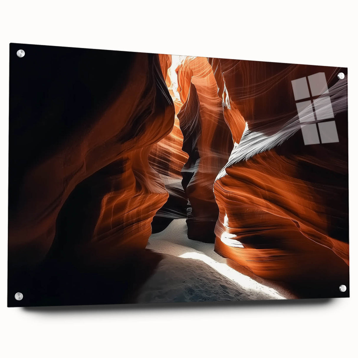 Acrylic glass artwork depicting a stunning landscape of canyons, showcasing rich earthy tones and intricate details, mounted with pins for easy display.