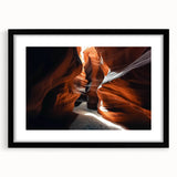 Landscape art print of a canyon scene framed in a sleek black mat, showcasing vibrant colors and intricate details, perfect for enhancing modern home decor.