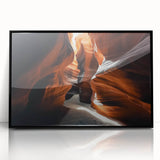 Framed acrylic artwork showcasing a stunning landscape of canyons, featuring rich earthy tones and intricate details, perfect for home decor in modern settings.