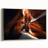 Framed canvas artwork showcasing a stunning landscape of canyons with rich gold accents; perfect for enhancing modern home decor and adding artistic flair to any room.