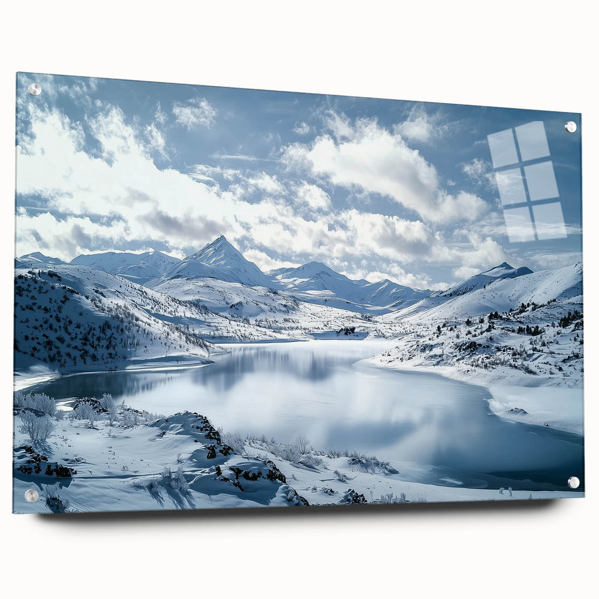 Acrylic glass artwork depicting a serene countryside landscape, showcasing vibrant colors and intricate details, elegantly displayed with pins on a minimalist wall setting.