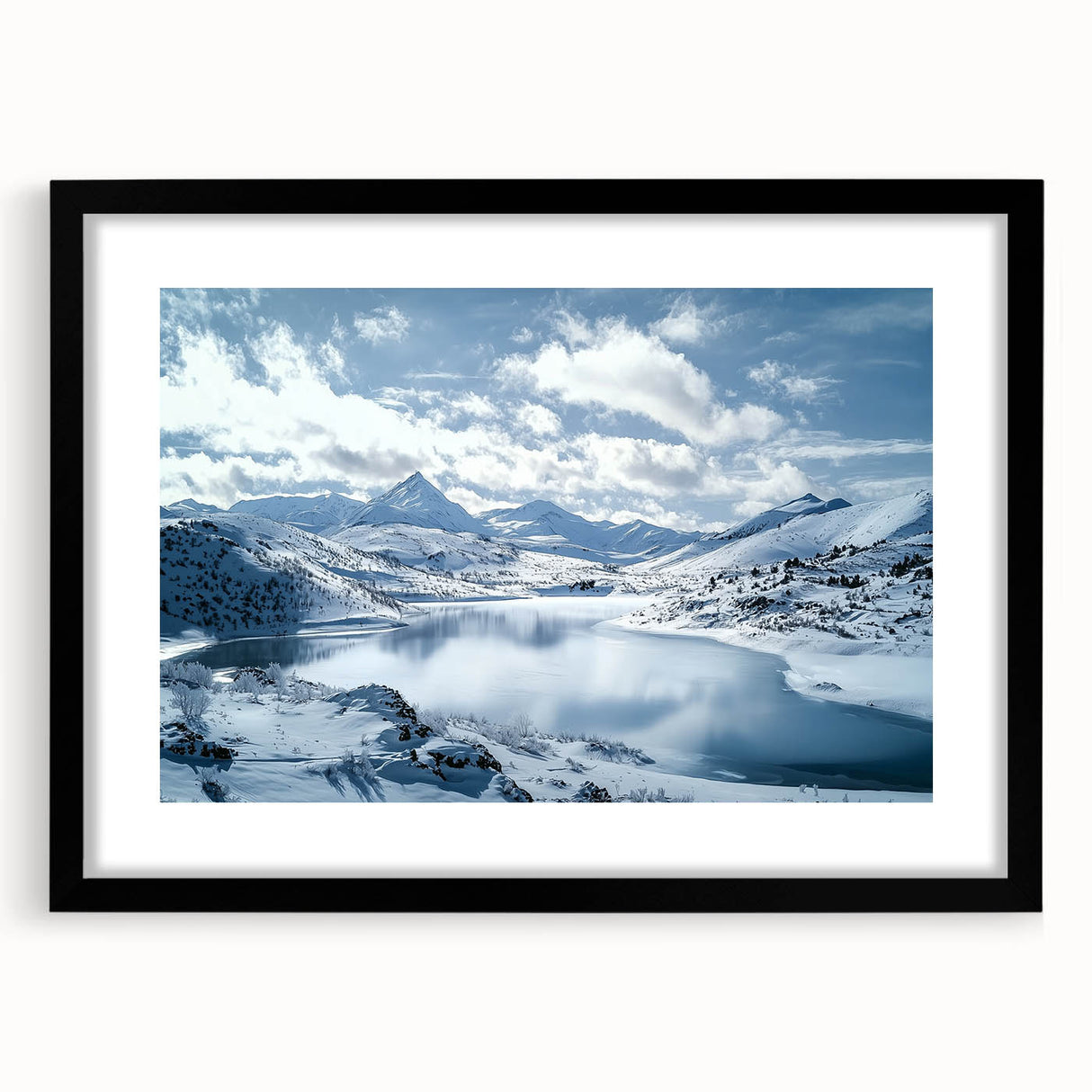 Black frame with a white mat showcasing a serene countryside landscape painting, emphasizing vibrant greens and blues, perfect for home decor.