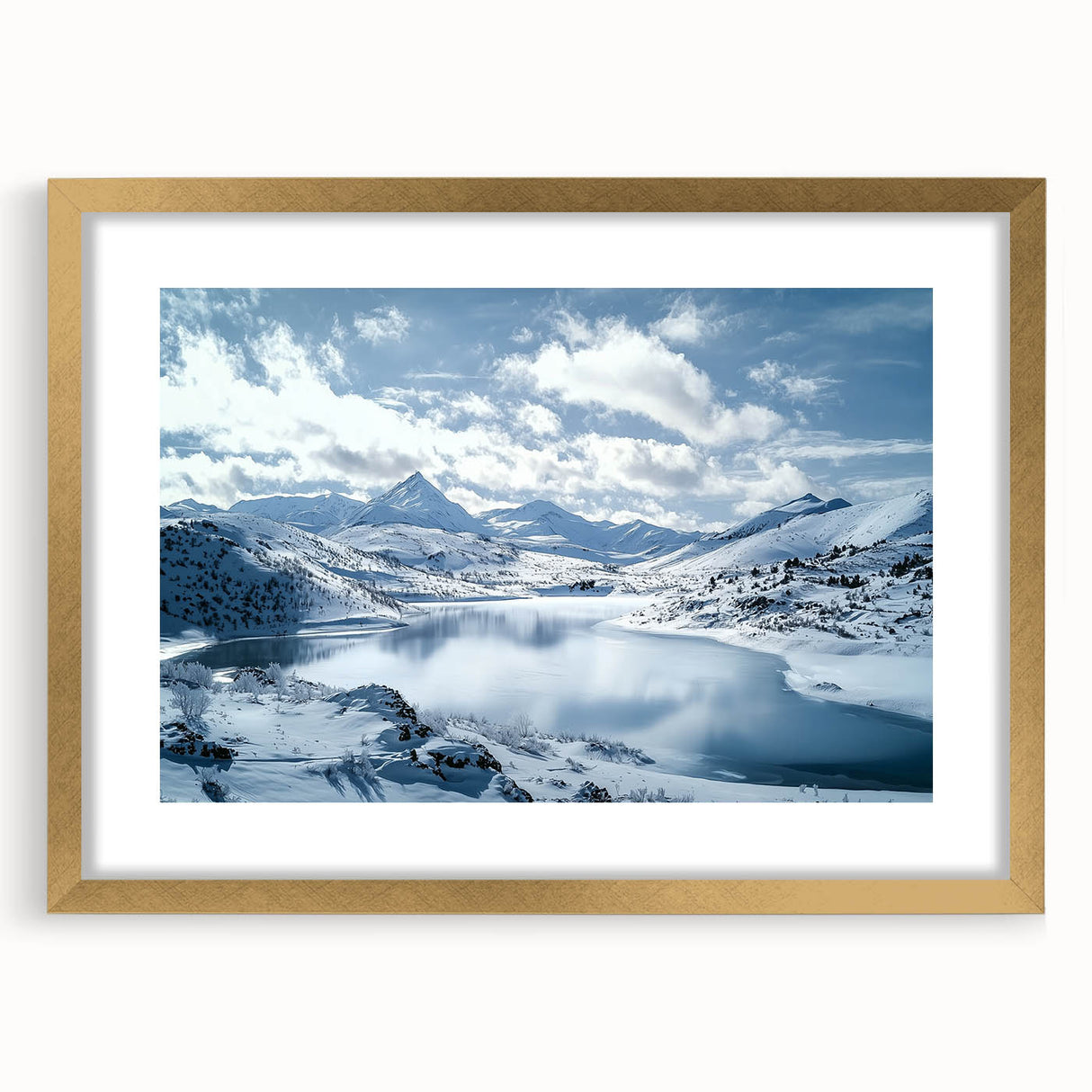 Gold-framed countryside landscape artwork with a white mat, showcasing vibrant green fields and a serene blue sky, perfect for home decor or gallery displays.