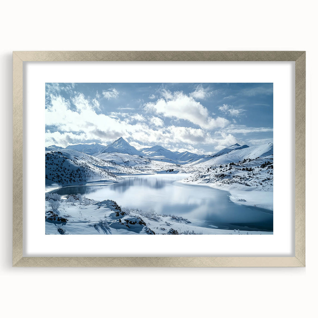 Silver-framed landscape artwork showcasing a serene countryside scene, featuring vibrant greens and soft blues, elegantly matted for a polished look. Ideal for home decor.