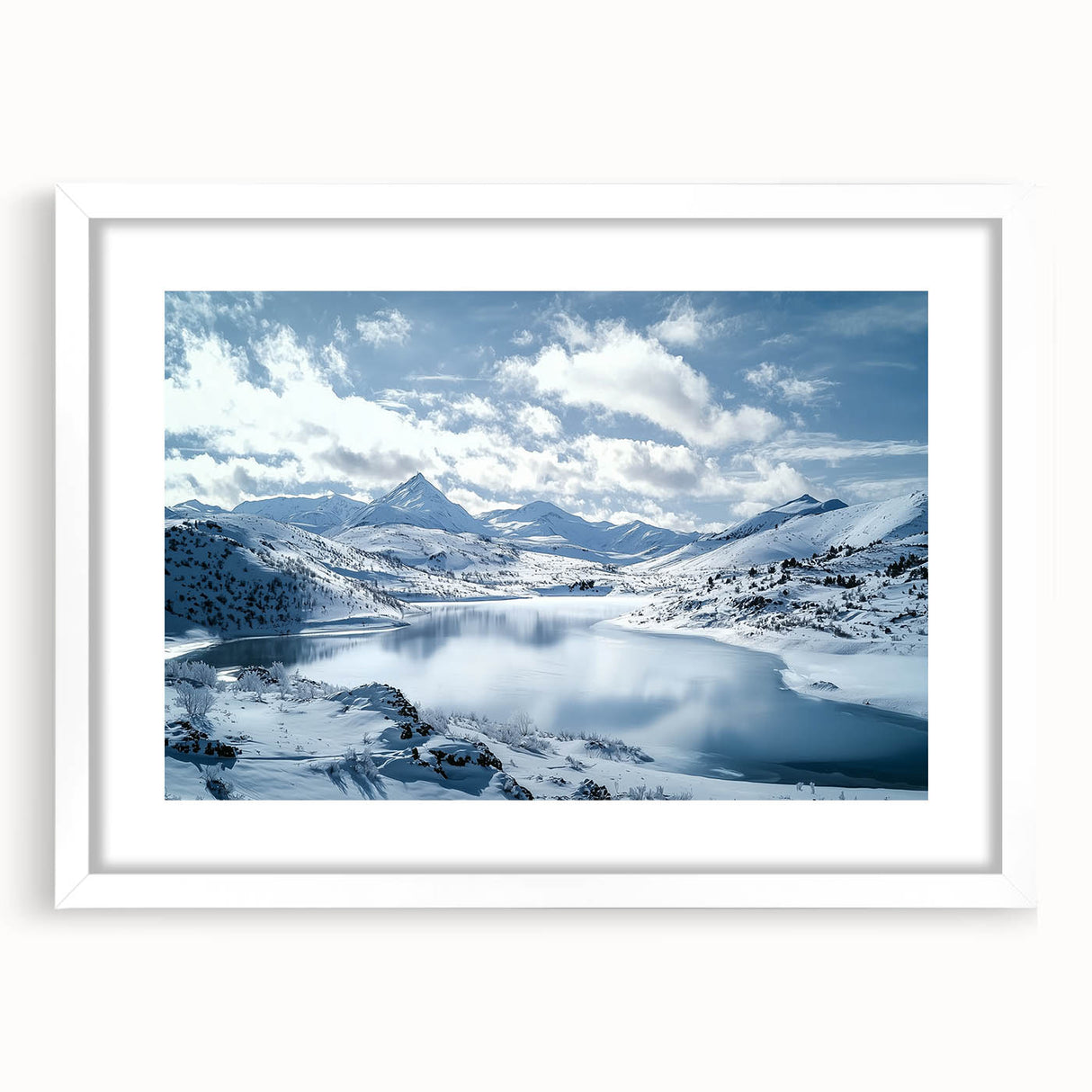 Framed landscape artwork showcasing a serene countryside scene with vibrant greens and blues, set in a white mat for an elegant display. Perfect for home decor.