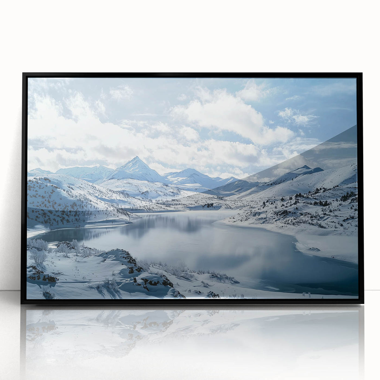 Framed acrylic artwork showcasing a serene countryside landscape with lush greenery, soft hills, and a tranquil sky, presented in a sleek black frame for elegant home decor.
