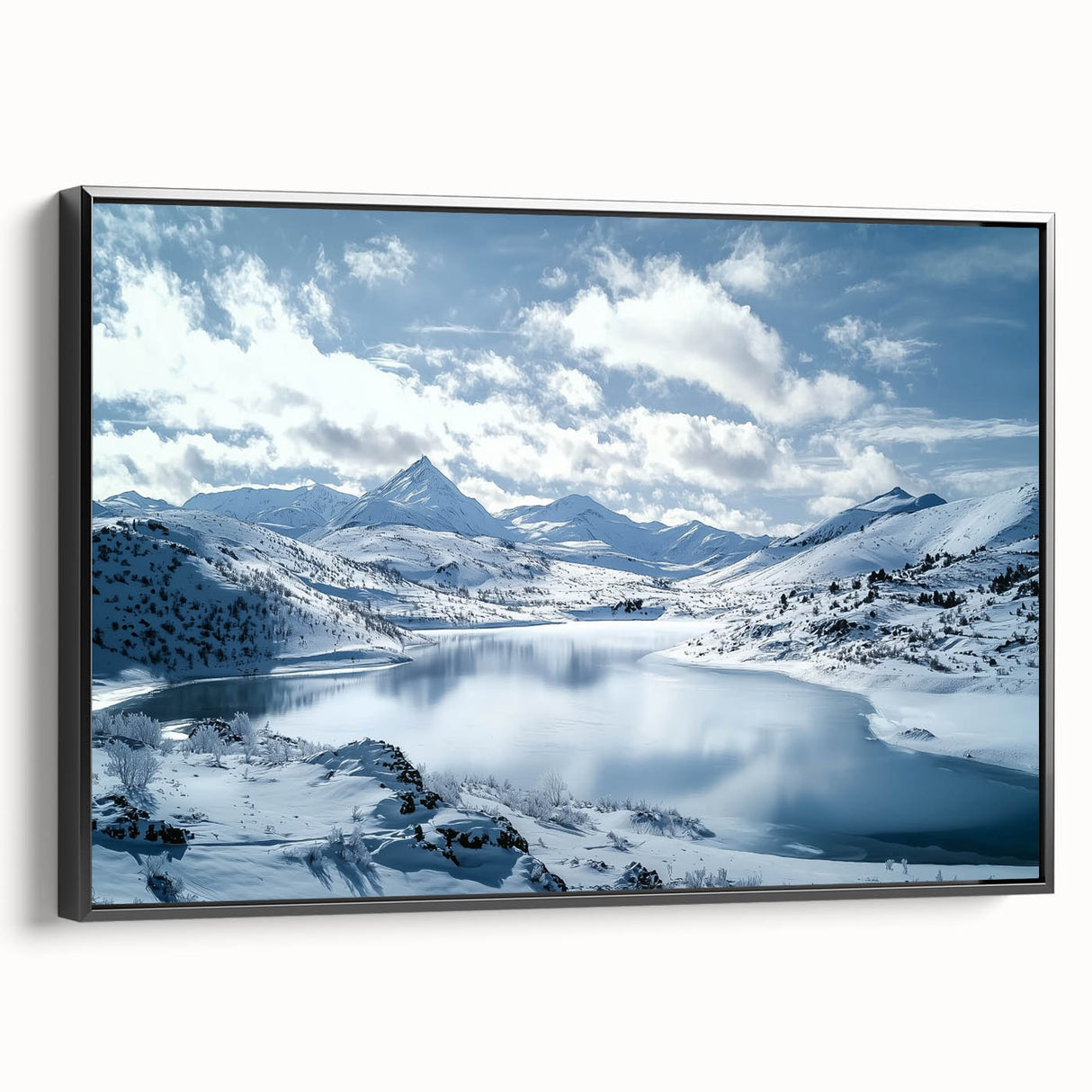 Framed canvas artwork showcasing a vibrant countryside landscape in rich greens and blues, featuring a black frame, ideal for home decor and enhancing interior spaces.