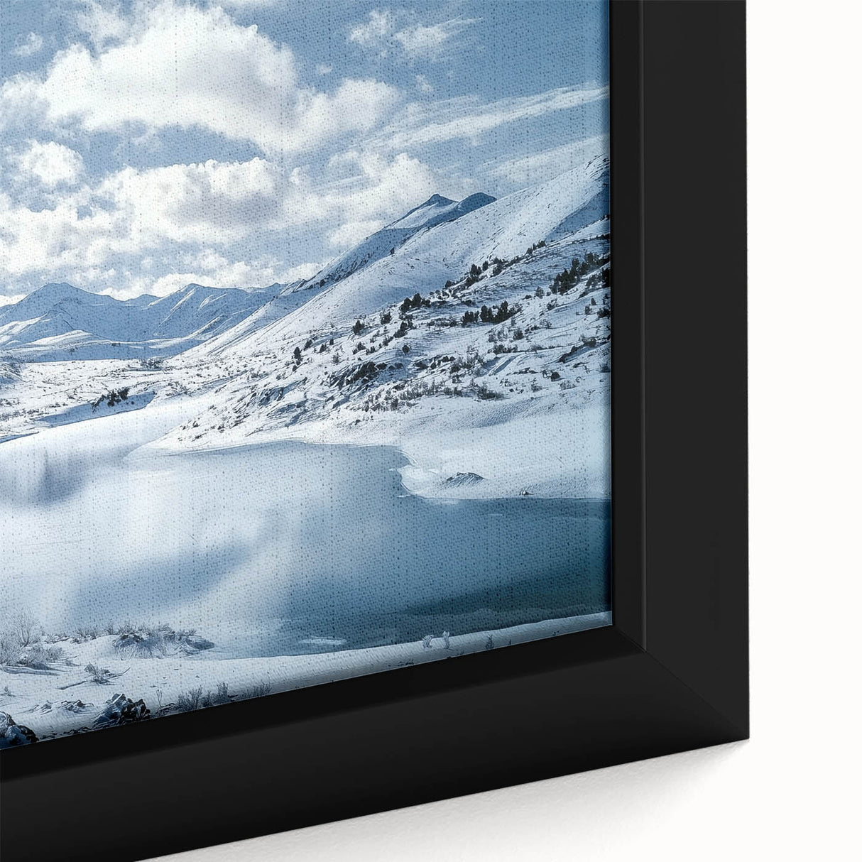 Close-up of a framed landscape canvas showcasing a serene countryside scene with vibrant greens and warm earth tones, perfect for home decor.