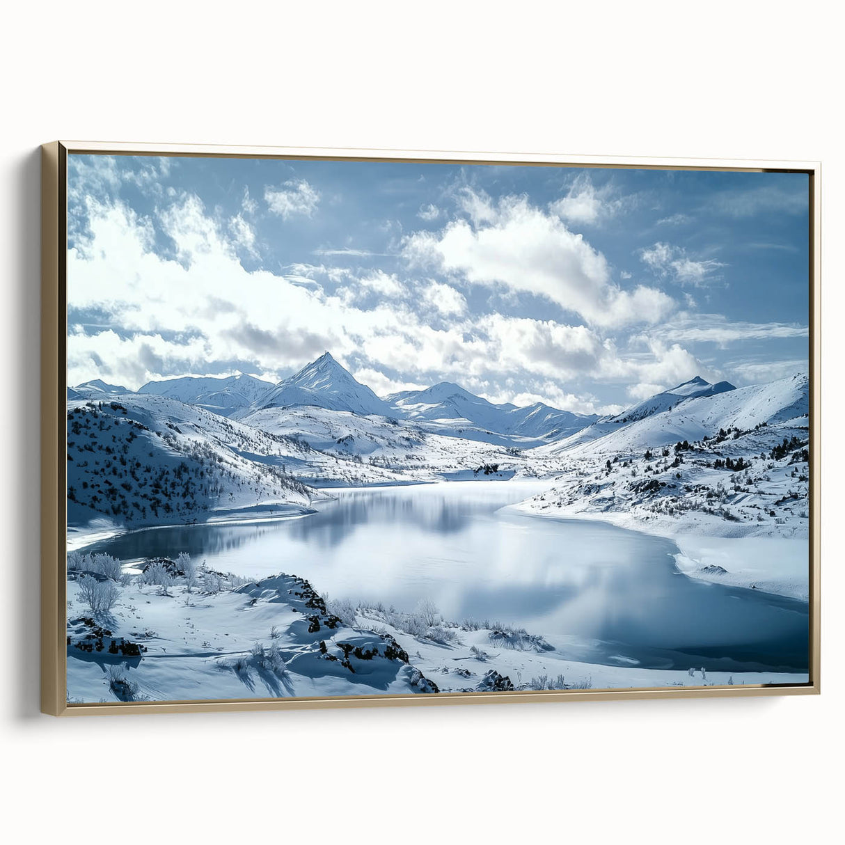 Framed canvas artwork depicting a serene countryside landscape with vibrant greens and golden accents, showcasing a side view of the elegant frame, perfect for home decor.